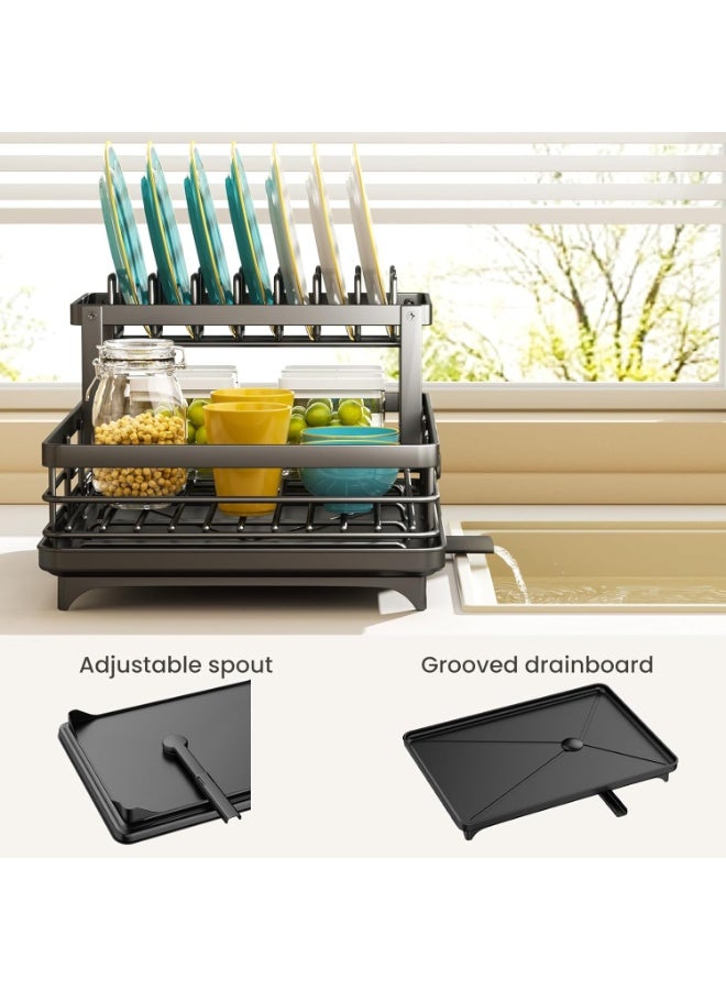 إينابايت رف تجفيف الأطباق المقاوم للصدأ مزدوج الطبقات الأسود، قابل للتعديل والإزالة لتوفير المساحة على منضدةحوض المطبخ - Image 4